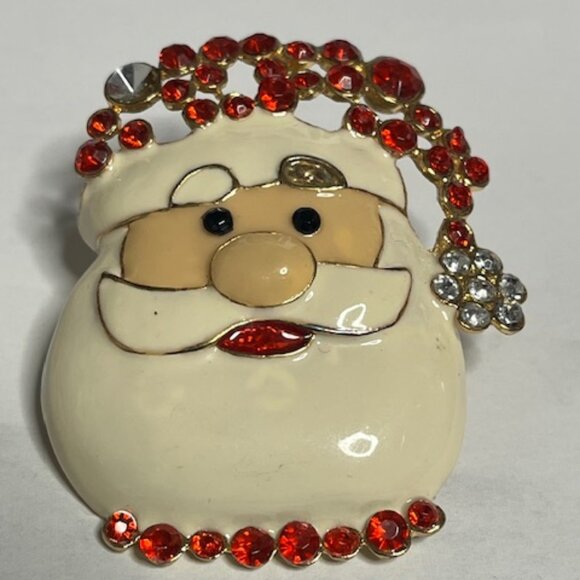 VTG Enamel Gold Tone Santa Rhinestones Christmas Holiday Brooch Pin 2"x2.25" - Picture 3 of 10